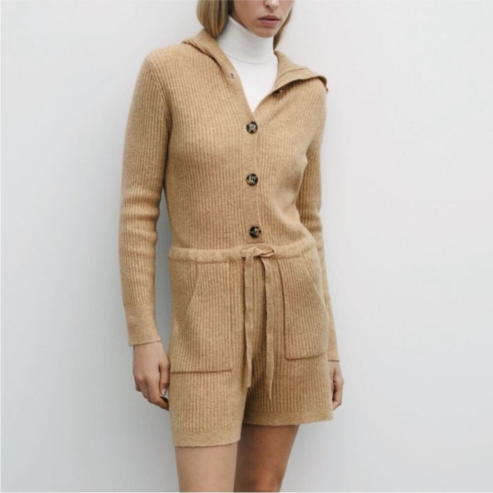 Zara Camel Ribbed Knit Hooded Wool Blend Romper Cozy Lounge M